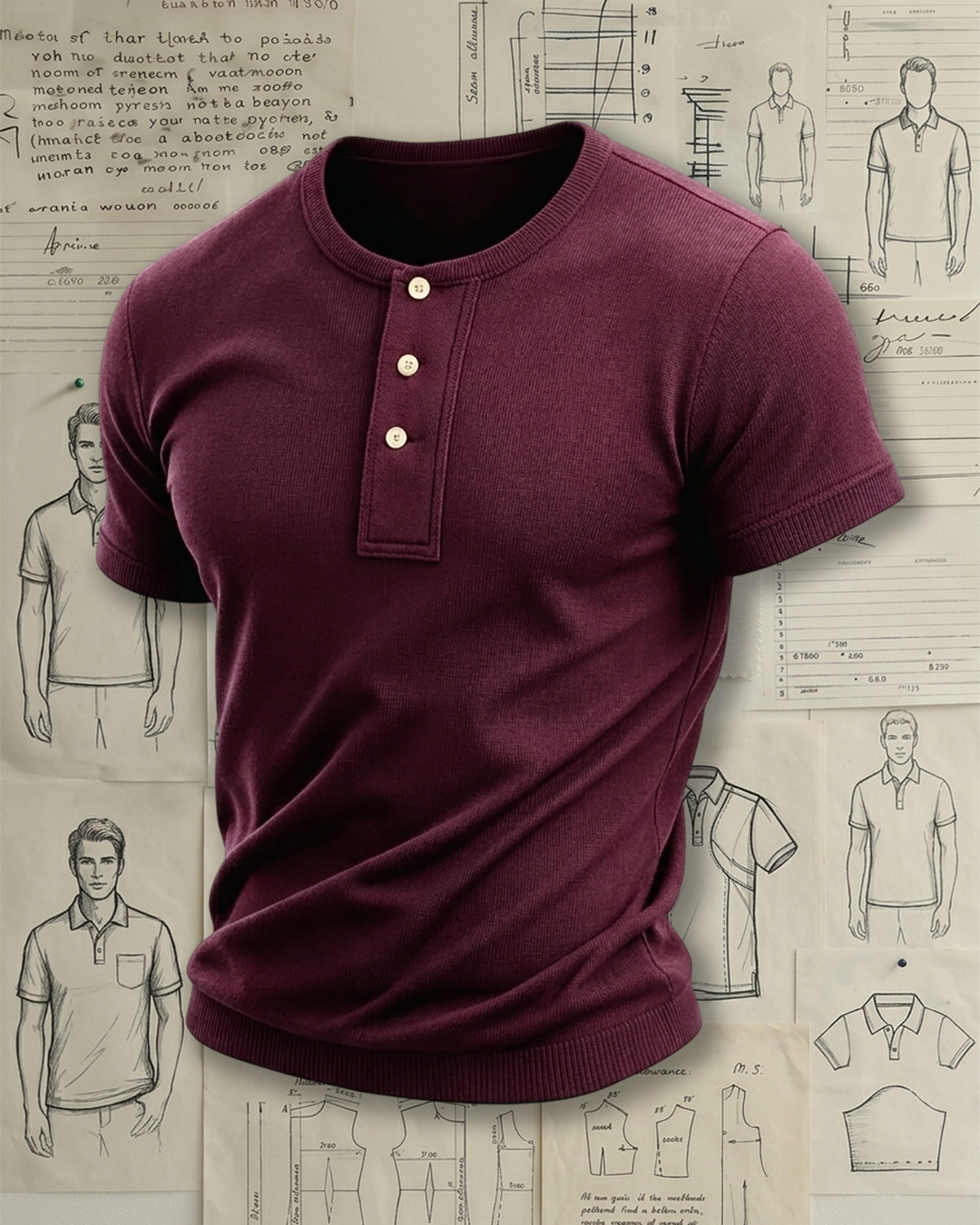 Men's Wine Red Solid Color Slim Fit Retro Tough Guy Style Knit Henley Short Sleeve T-shirt