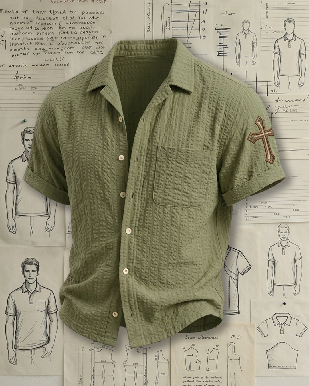 Men's Olive Green Loose Fit Street Retro Style Brown Cross Embroidered Seersucker Cotton Cuban Collar Short Sleeve Shirt