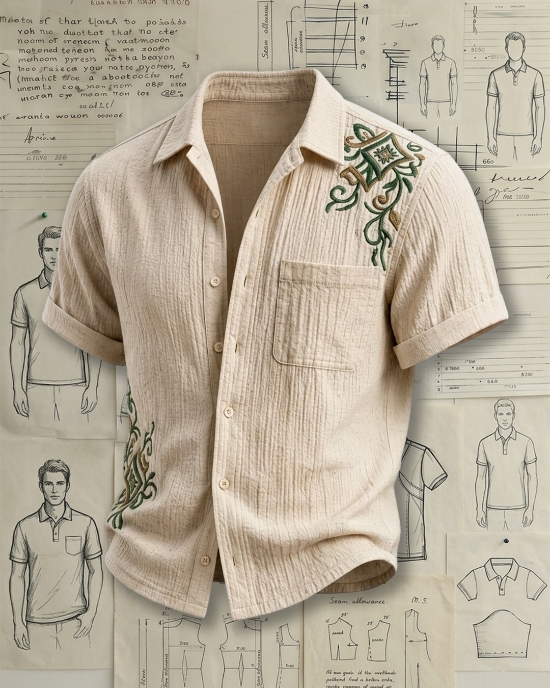 Men's Beige Regular Fit Retro Art Style Green Vintage Floral Embroidered Crinkle Cotton Short Sleeve Shirt