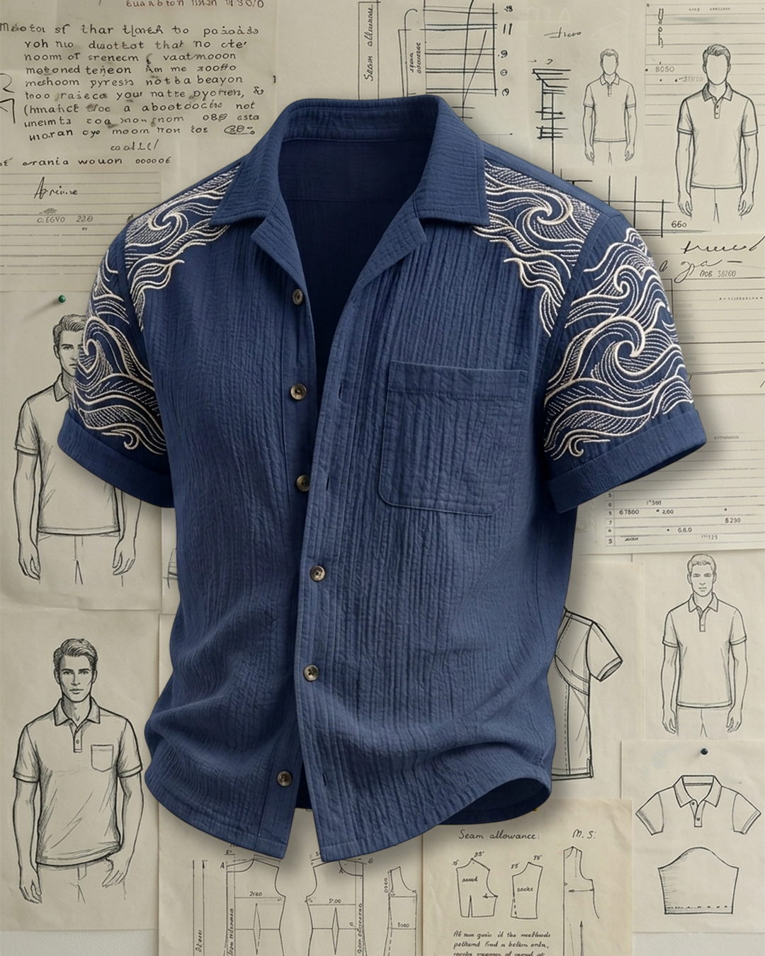 Men's Navy Blue Relaxed Fit Japanese Ukiyo-e Style White Wave Embroidered Crinkle Cotton Short Sleeve Shirt
