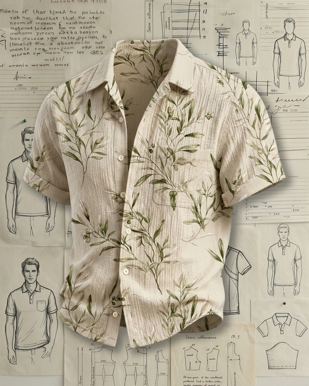 Men's Beige Regular Fit Fresh Botanical Style Olive Branch Print Crinkle Cotton Short Sleeve Shirt