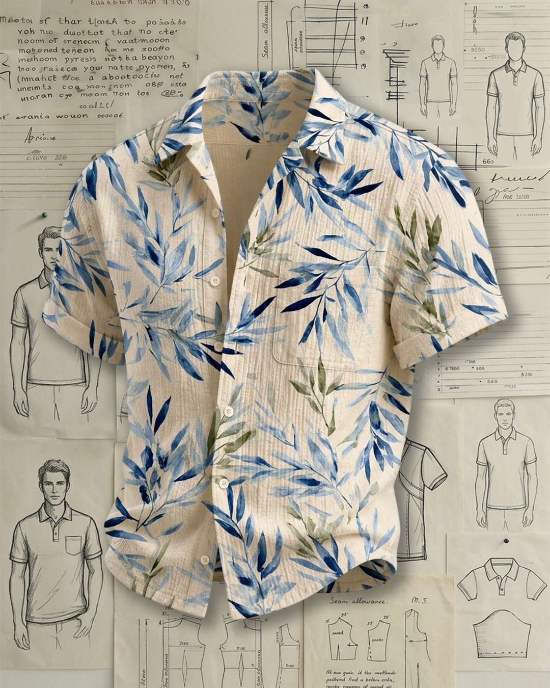 Men's Beige Relaxed Fit Ink-wash Casual Style Blue-green Bamboo Leaf Print Crinkle Cotton Short Sleeve Shirt