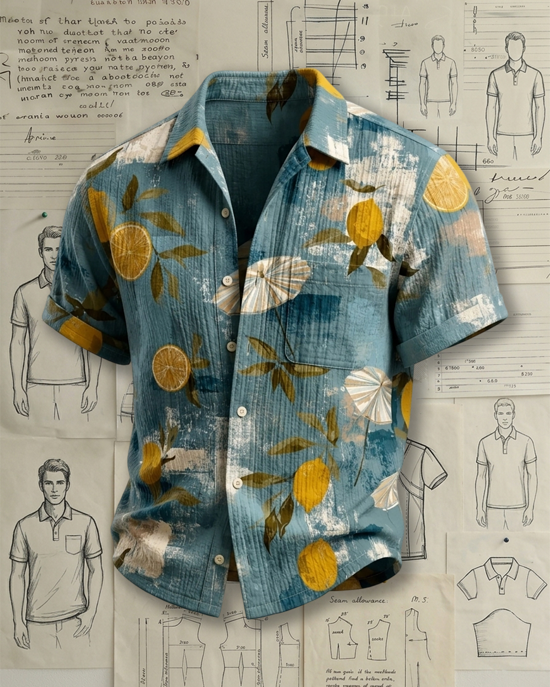 Men's Dusty Blue Relaxed Fit Tropical Vacation Style Golden Lemon Slice & Paper Umbrella Print Crinkle Cotton Short Sleeve Shirt