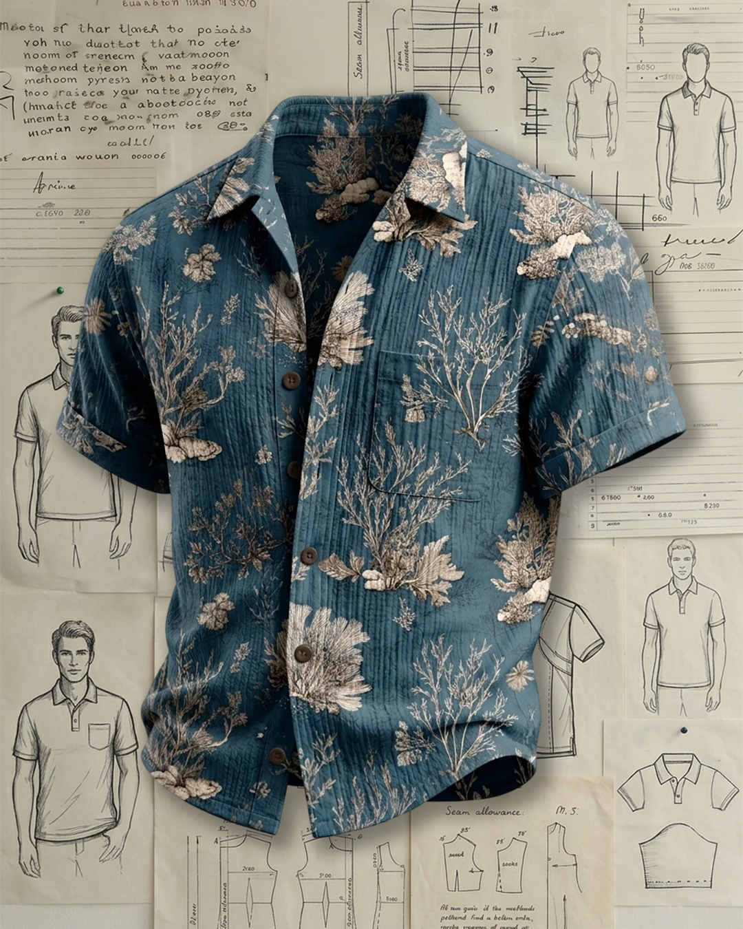 Men's Teal Blue Relaxed Fit Retro Ocean Style Beige Coral Seaweed Print Crinkle Cotton Short Sleeve Shirt