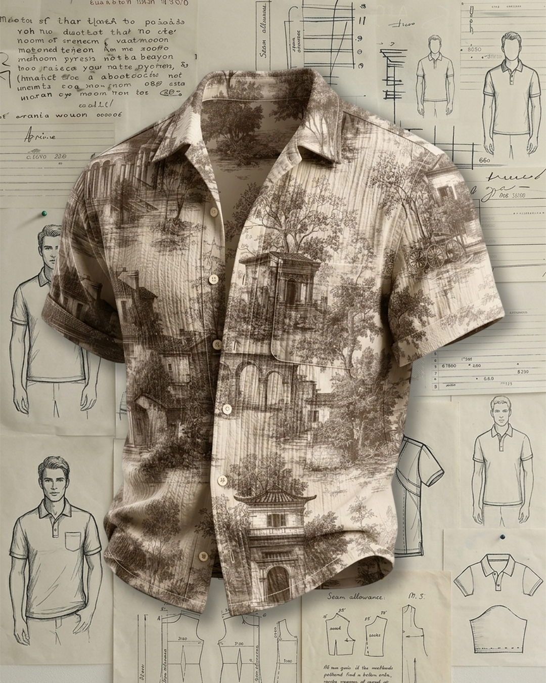 Men's Beige Brown Relaxed Fit Retro Art Style Sepia Ancient Architecture Landscape Print Crinkle Cotton Short Sleeve Shirt