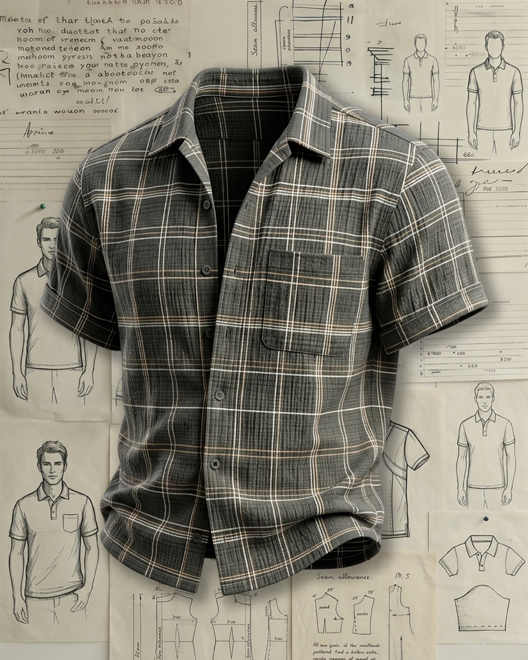 Men's Dark Gray Beige Relaxed Fit Smart Casual Style Contrast Plaid Textured Short Sleeve Shirt