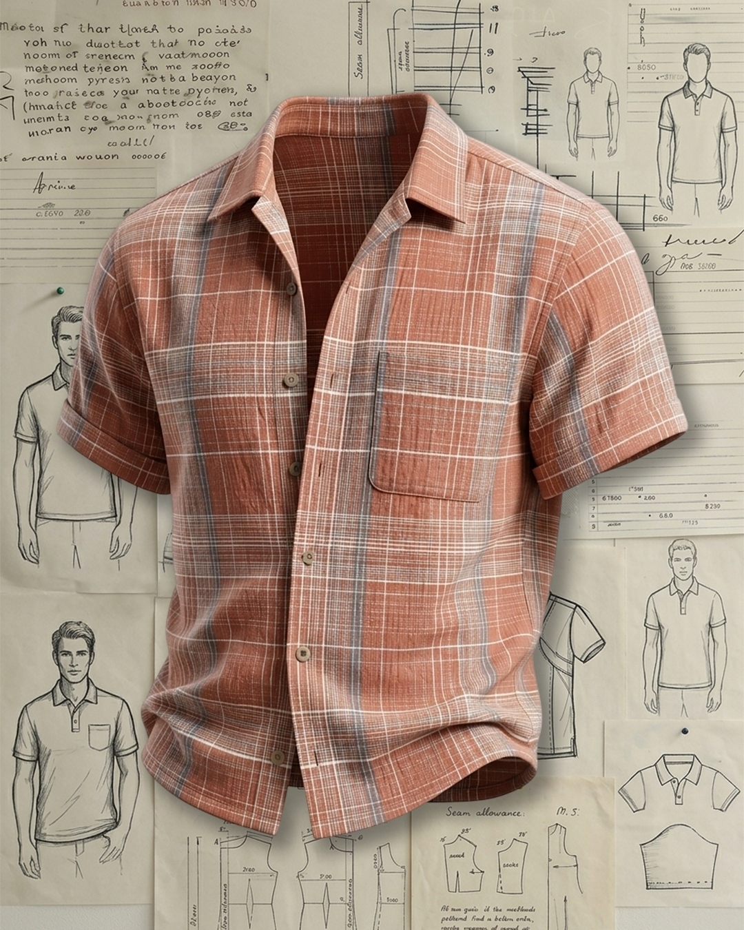Men's Rust Orange Beige Relaxed Fit Retro Casual Style Multi-tone Plaid Textured Short Sleeve Shirt