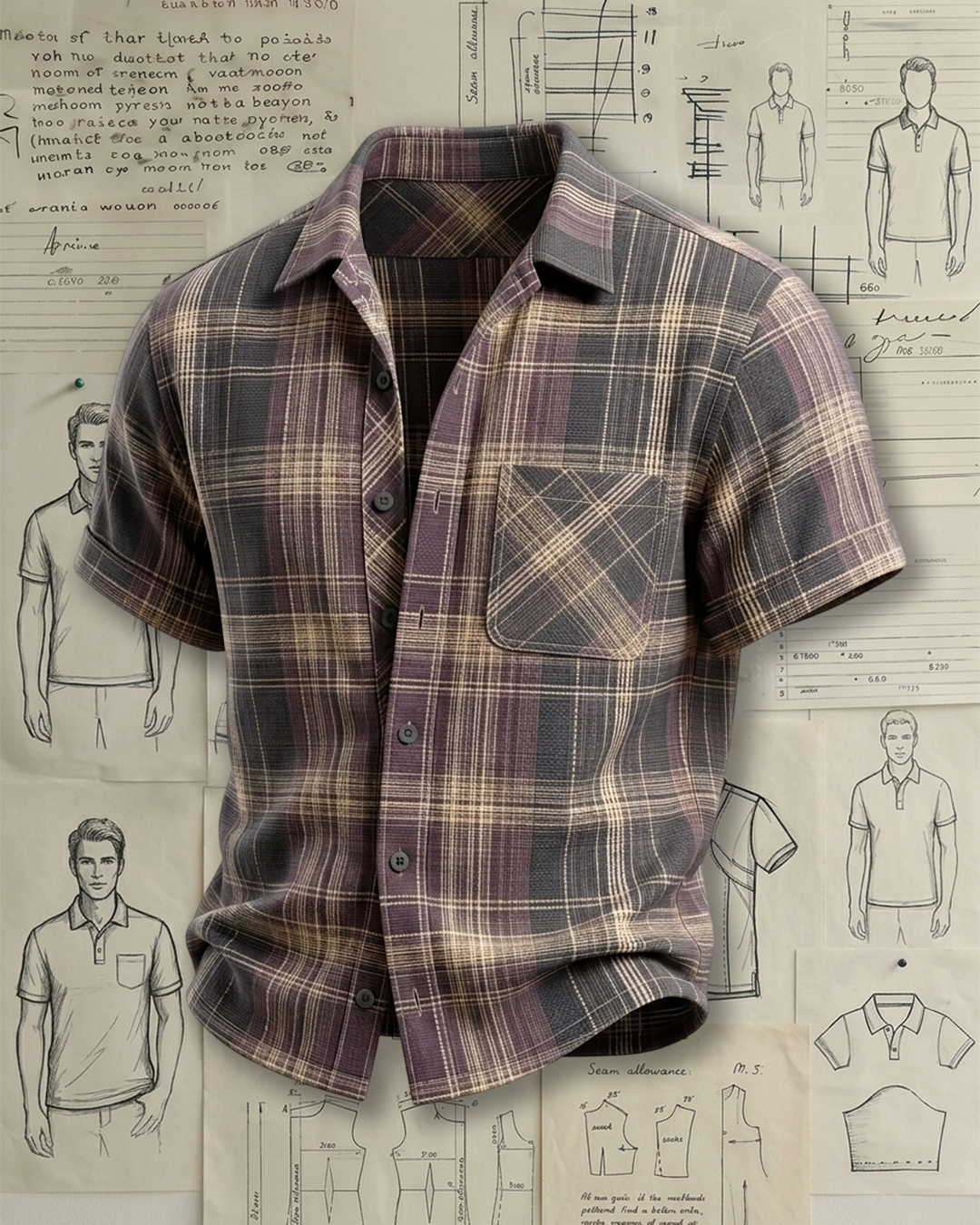 Men's Dusty Purple Charcoal Gray Relaxed Fit Retro Casual Style Multi-tone Plaid Textured Short Sleeve Shirt