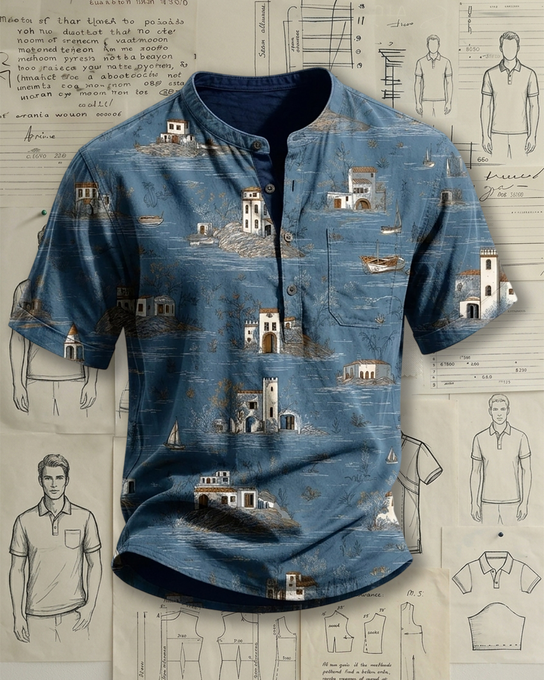 Men's Washed Blue Regular Fit Mediterranean Coastal Town Printed Henley Short Sleeve Shirt