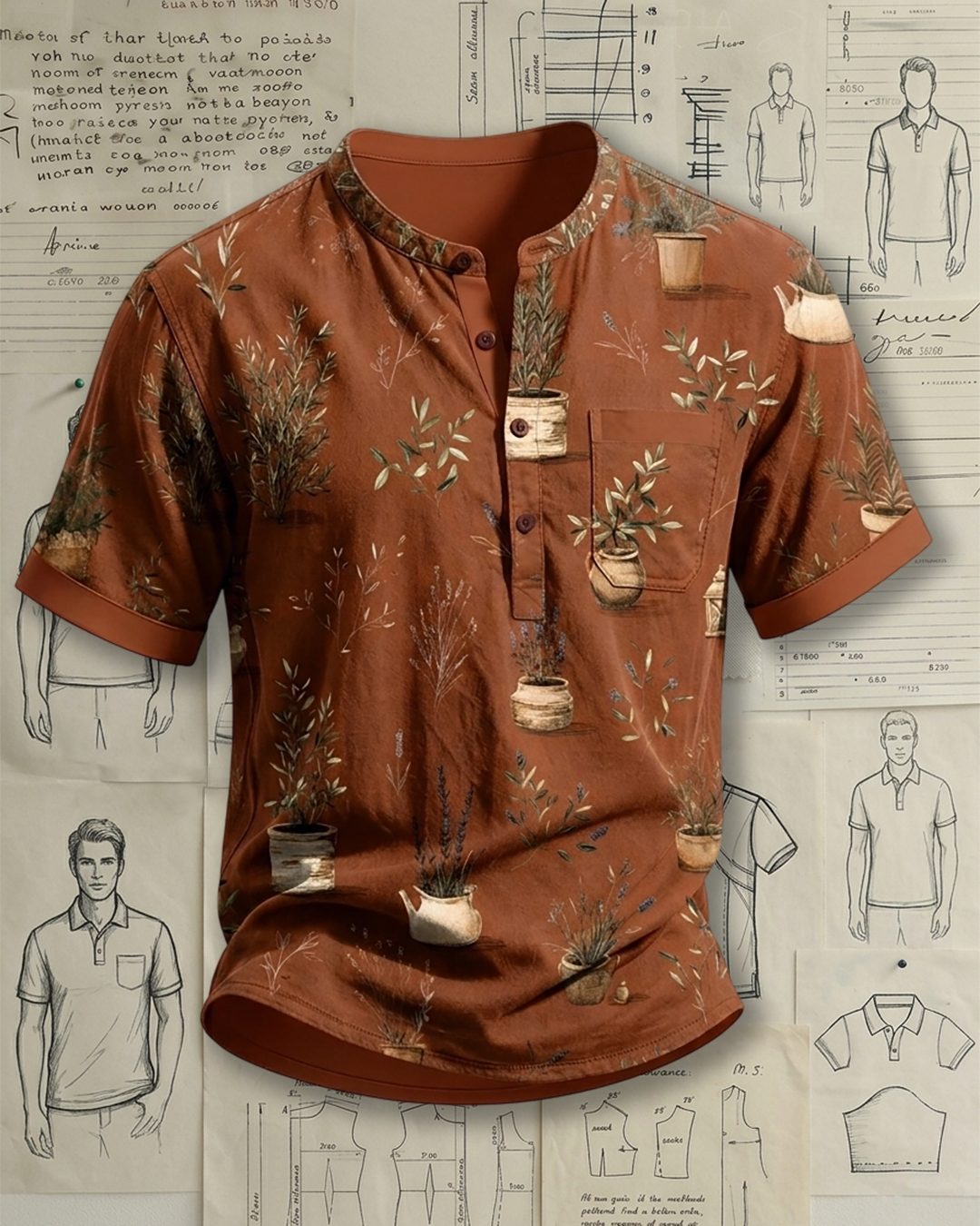 Men's Rust Brown Regular Fit Vintage Potted Herb Printed Henley Short Sleeve Shirt