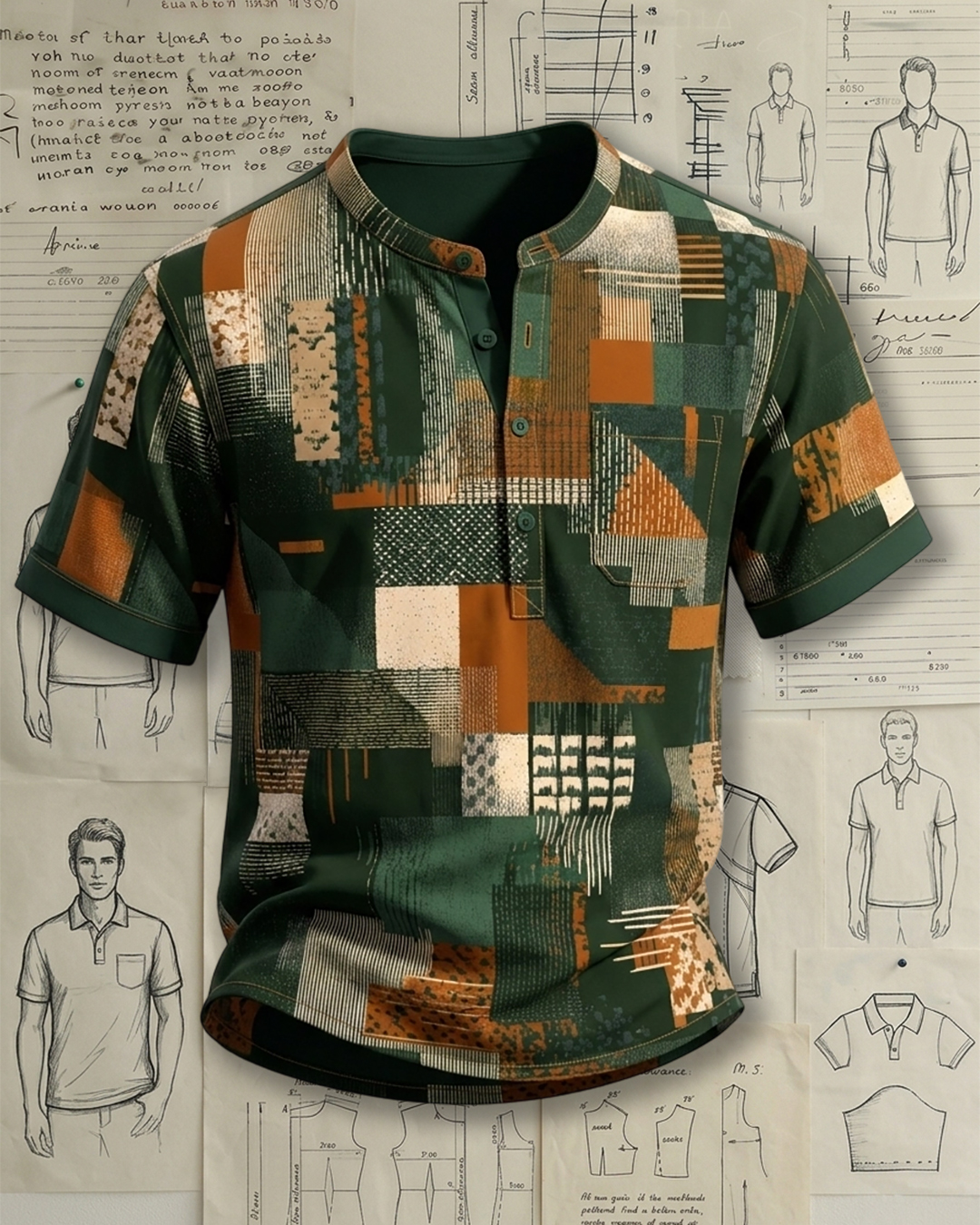Men's Dark Green & Burnt Orange Regular Fit Patchwork Geometric Art Printed Henley Short Sleeve Shirt