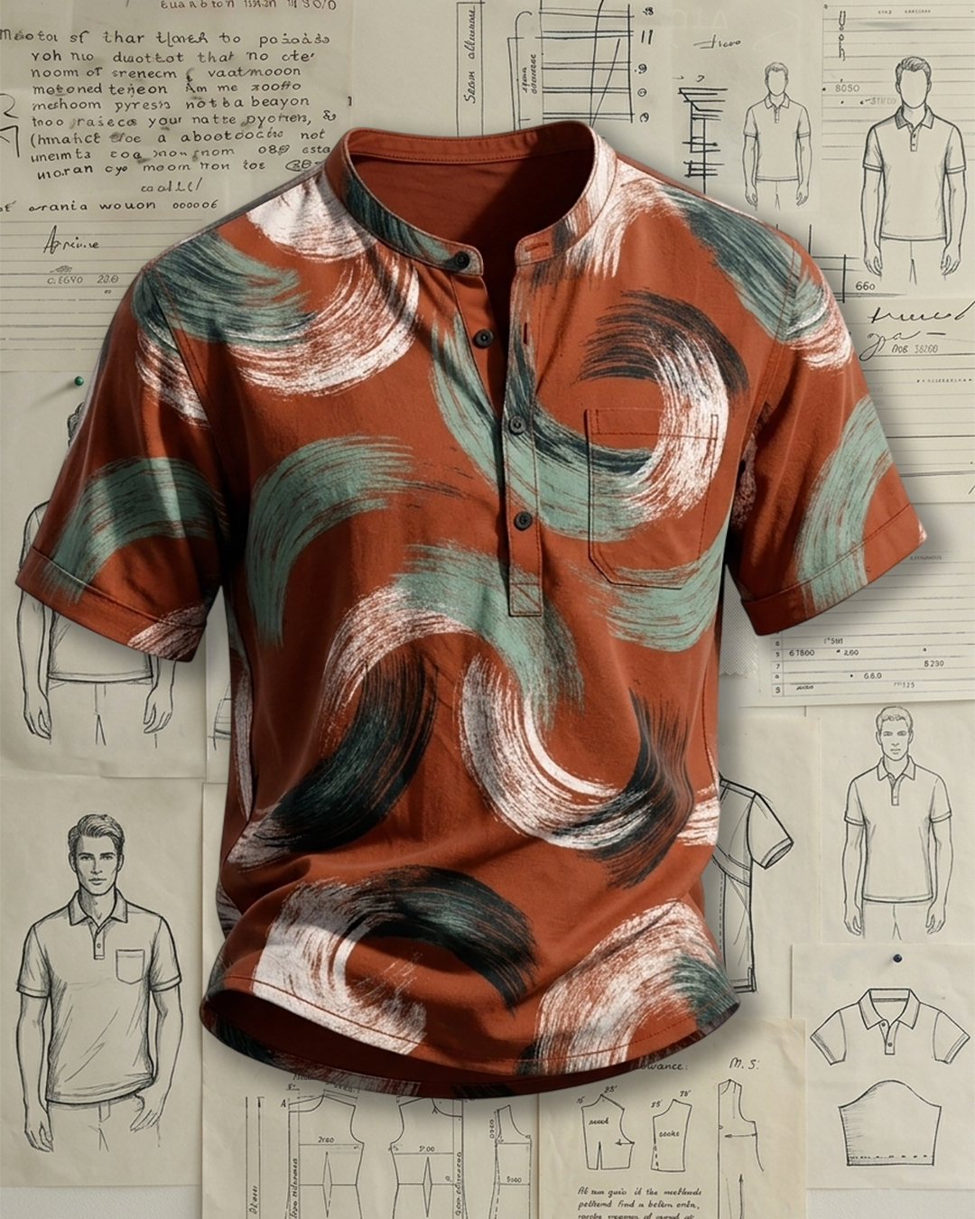 Men's Rust & Teal Regular Fit Brush Stroke Swirl Art Printed Henley Short Sleeve Shirt
