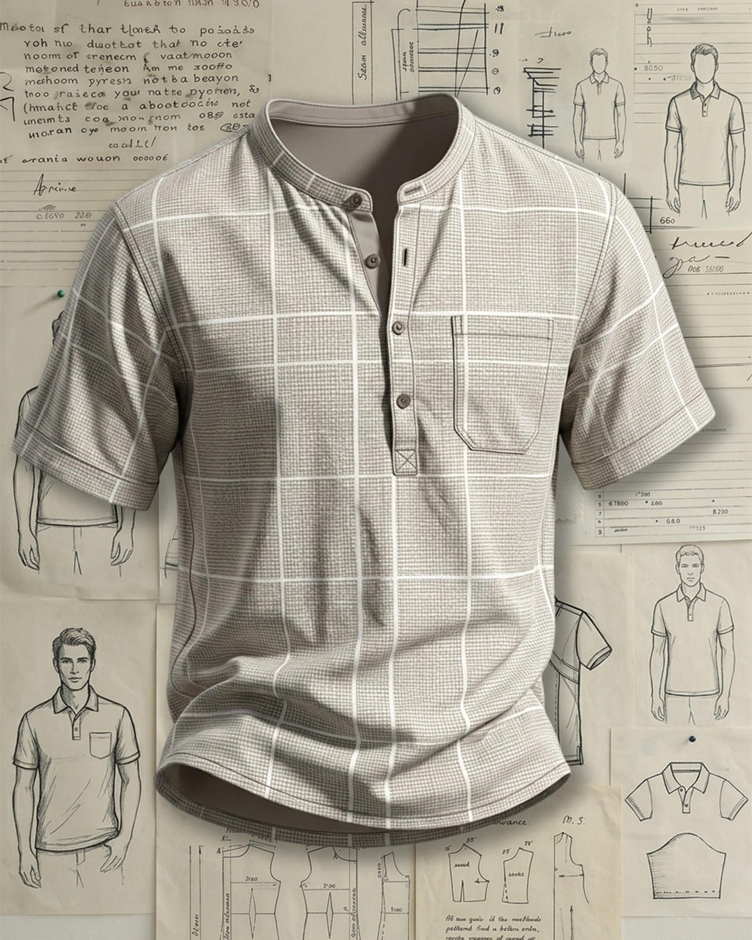 Men's Light Taupe & Beige Regular Fit Minimalist Waffle Grid Henley Short Sleeve Shirt