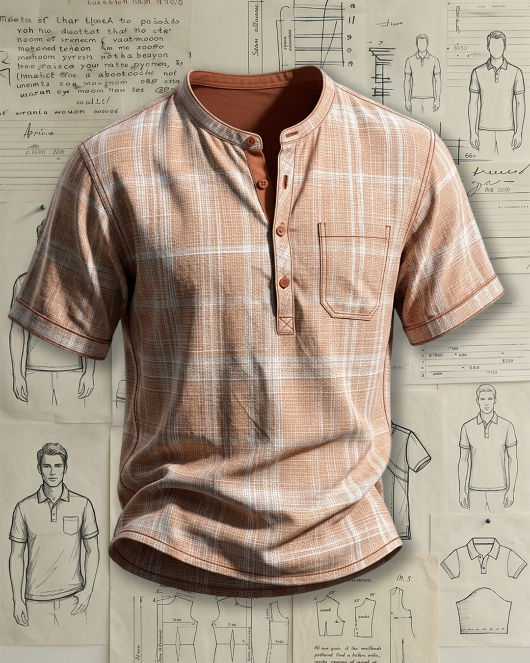 Men's Warm Caramel & Beige Regular Fit Vintage Linen Texture Plaid Henley Short Sleeve Shirt