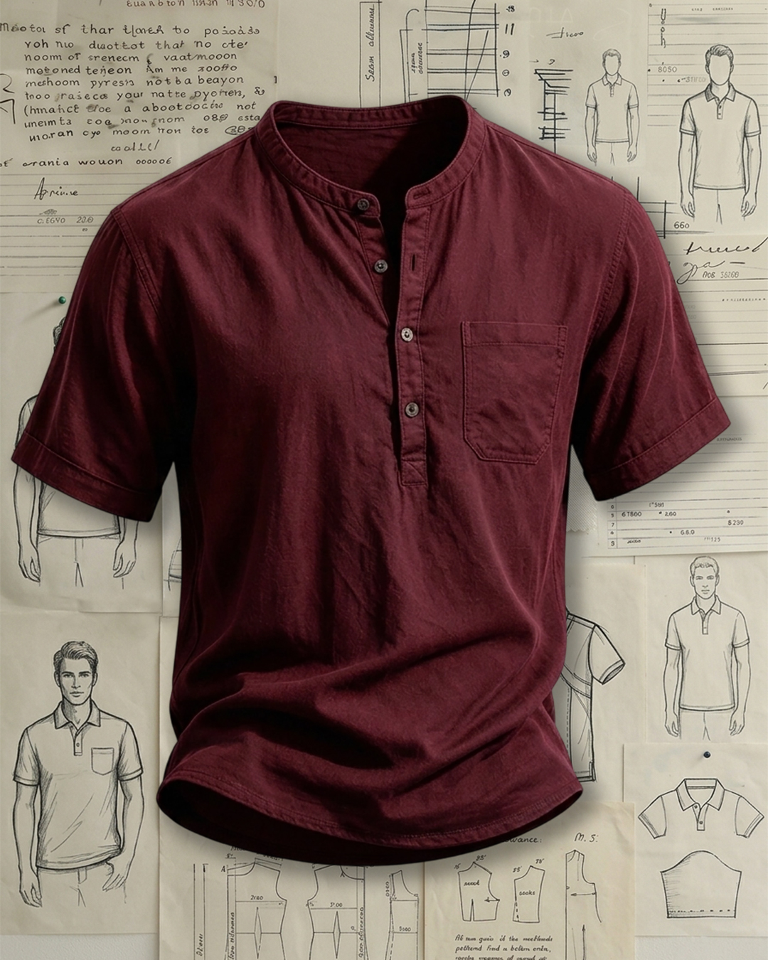 Men's Wine Red Solid Color Regular Fit Casual Linen Texture Henley Short Sleeve Shirt