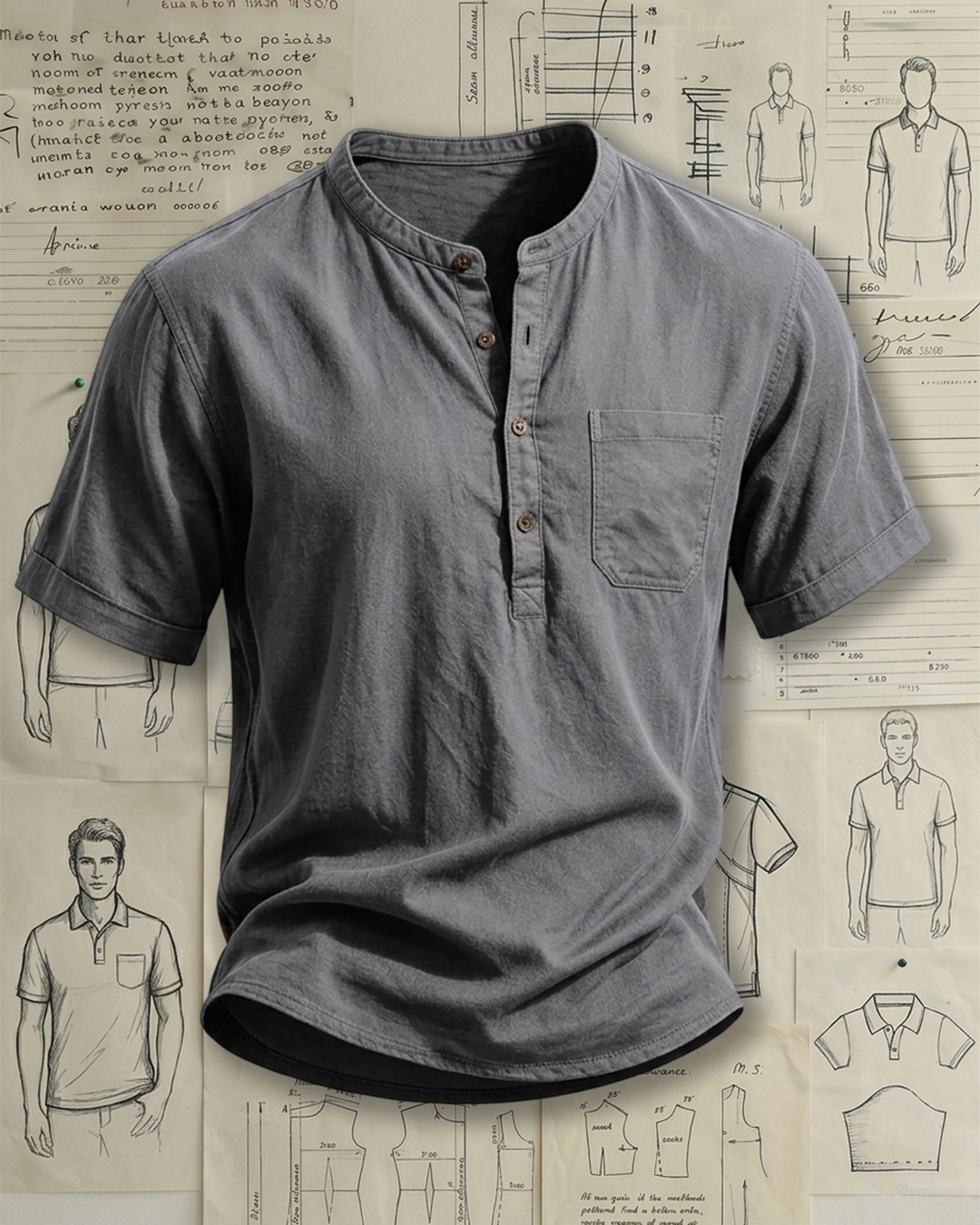 Men's Charcoal Gray Solid Color Regular Fit Washed Retro Casual Henley Short Sleeve Shirt