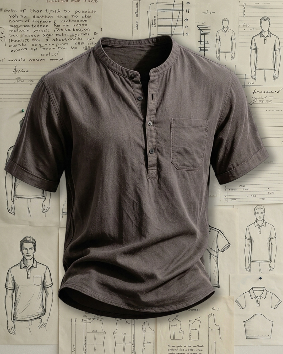 Men's Dark Charcoal Solid Color Regular Fit Vintage Washed Casual Henley Short Sleeve Shirt