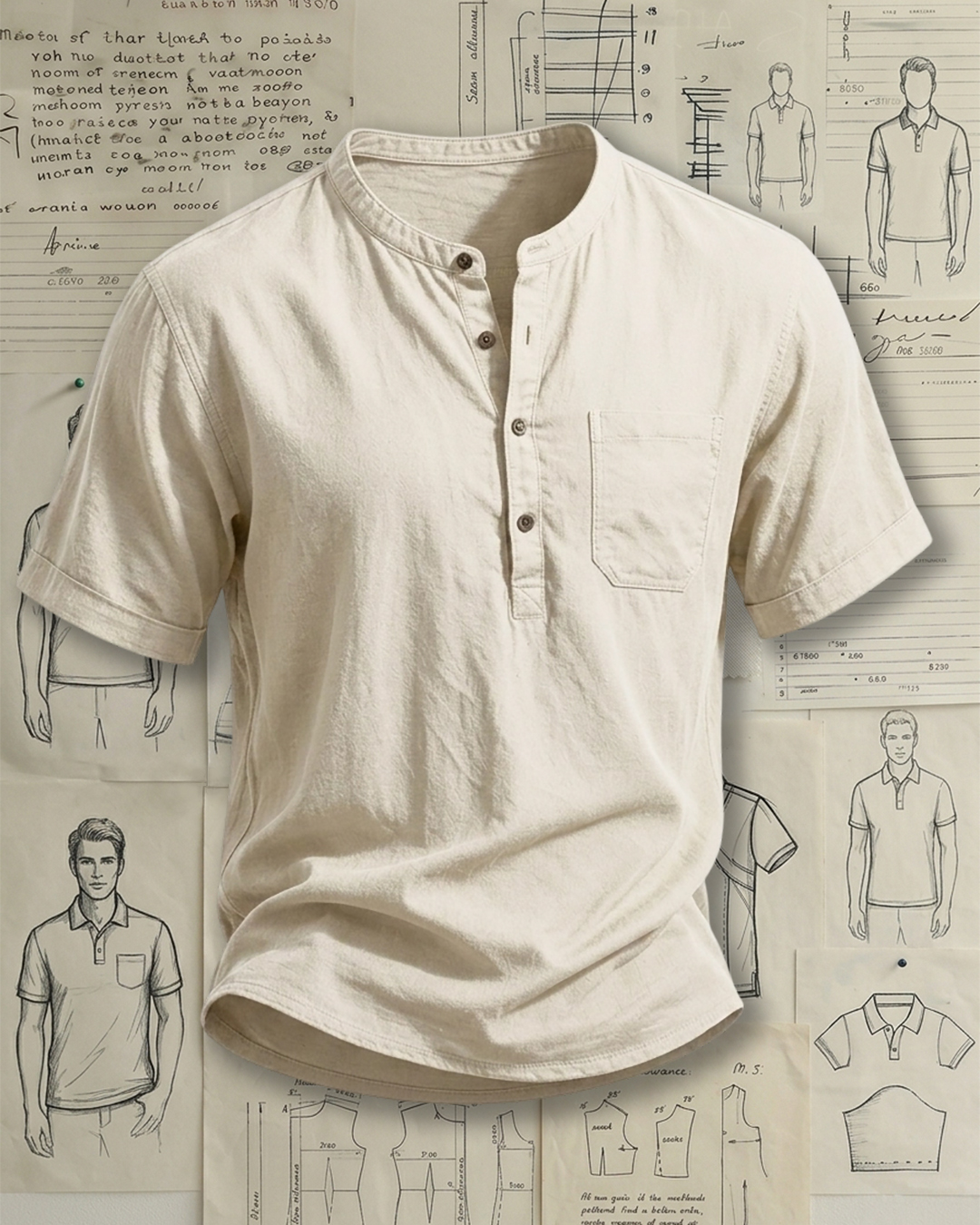 Men's Beige Solid Color Relaxed Fit Old Money Style Cotton Linen Henley Short Sleeve Shirt
