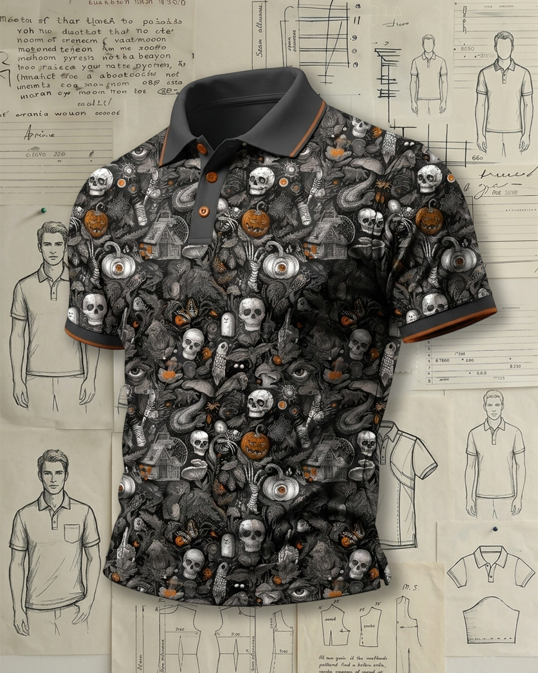 Vintage Gothic Skull & Pumpkin Polo