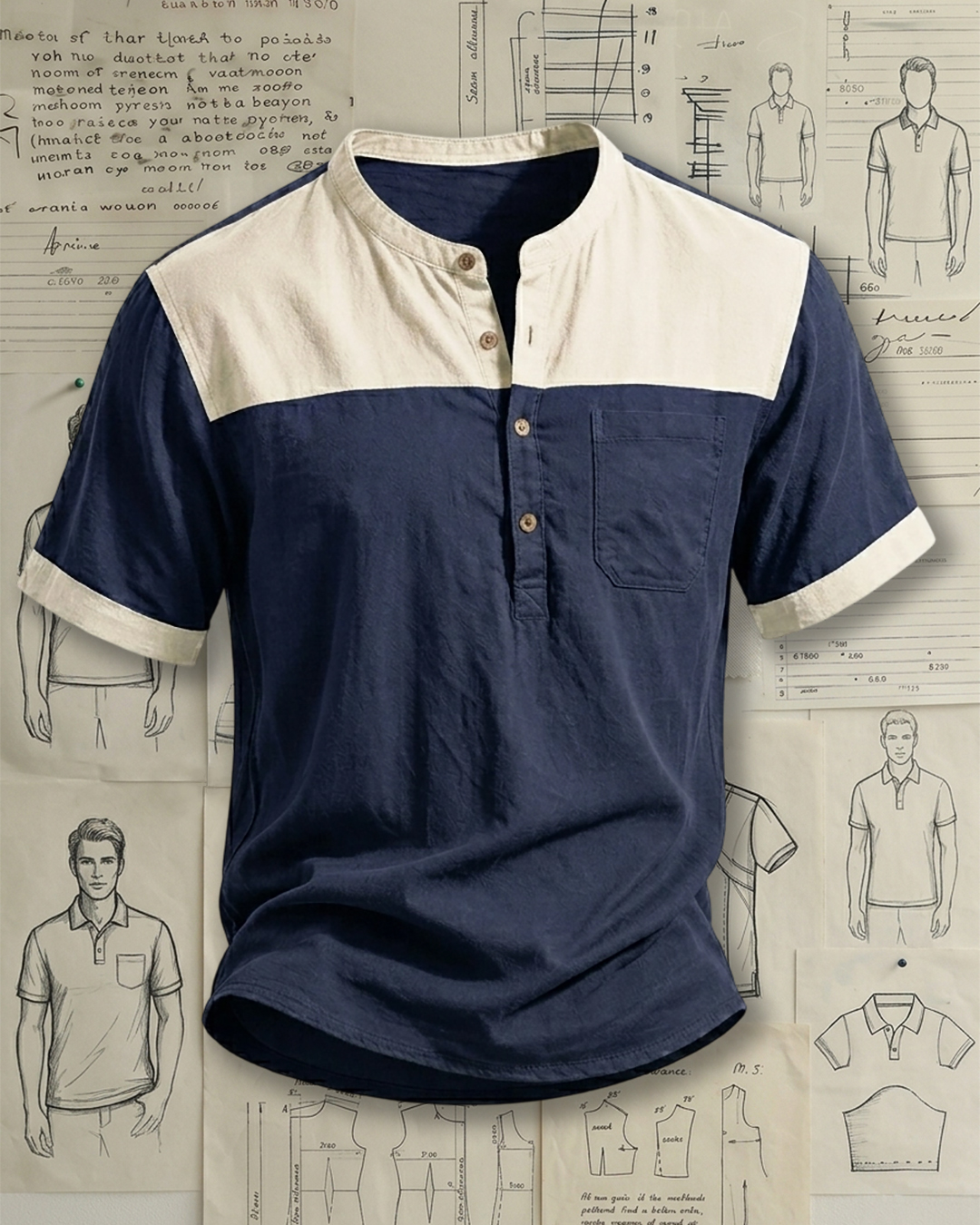 Men's Navy Blue & Beige Color-blocked Henley Collar Loose Fit Casual Short Sleeve Shirt