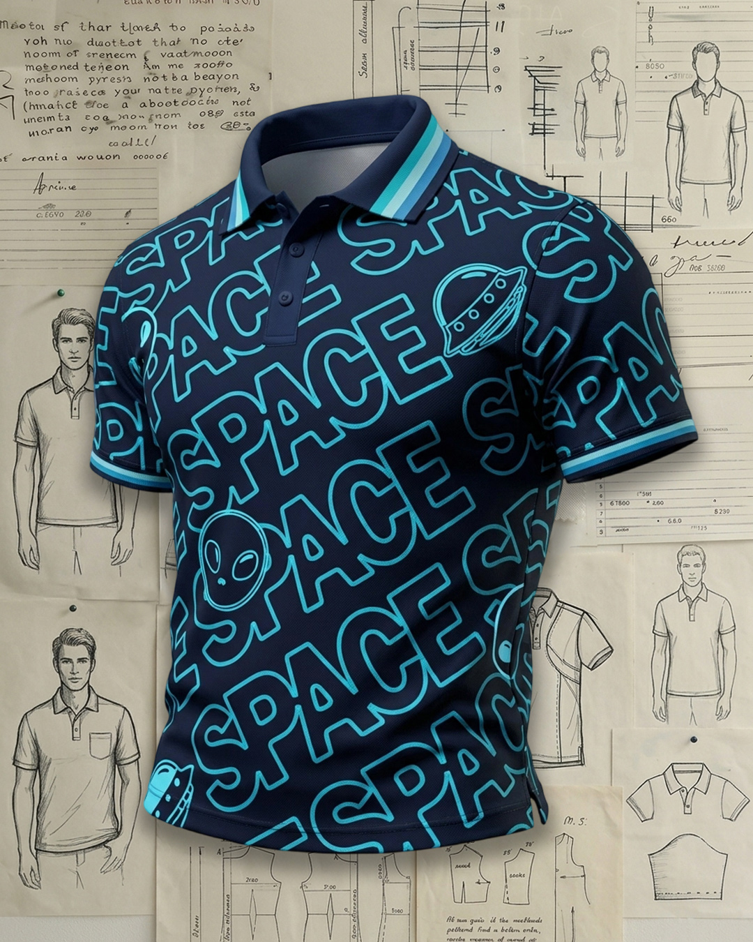 Men’s Casual Space Themed Print Polo Shirt