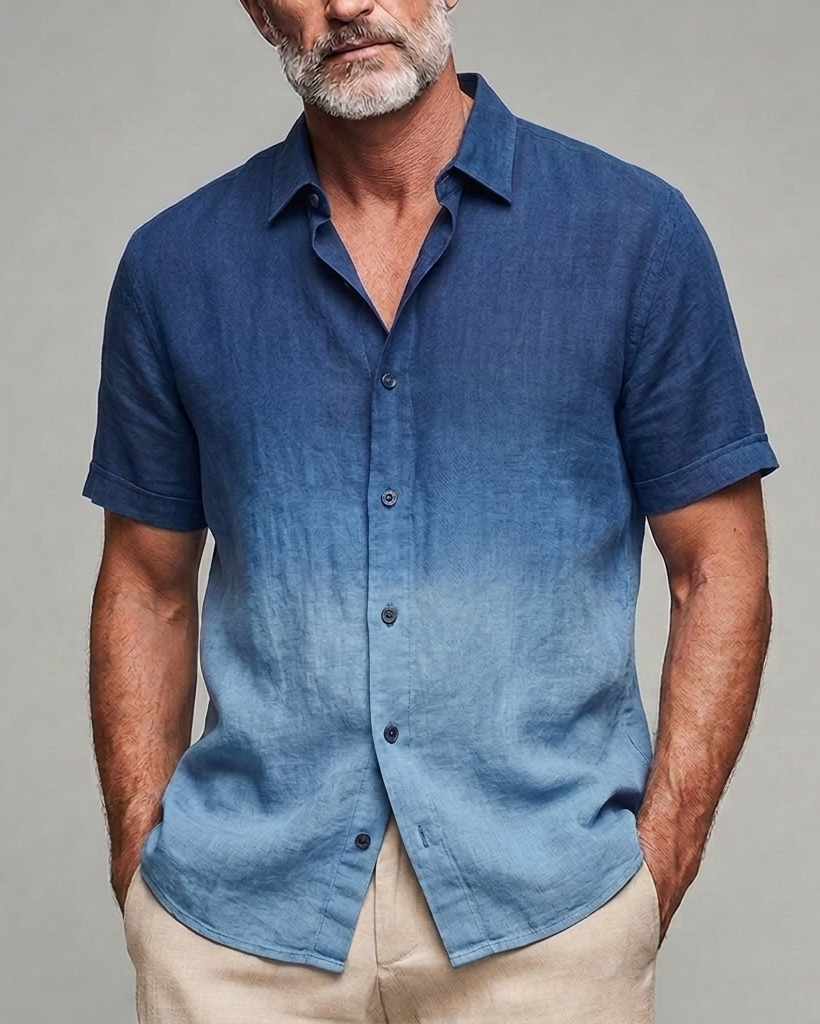 Men's Navy to Sky Blue Gradient Slim Fit Minimalist Casual Linen Blend Short Sleeve Shirt