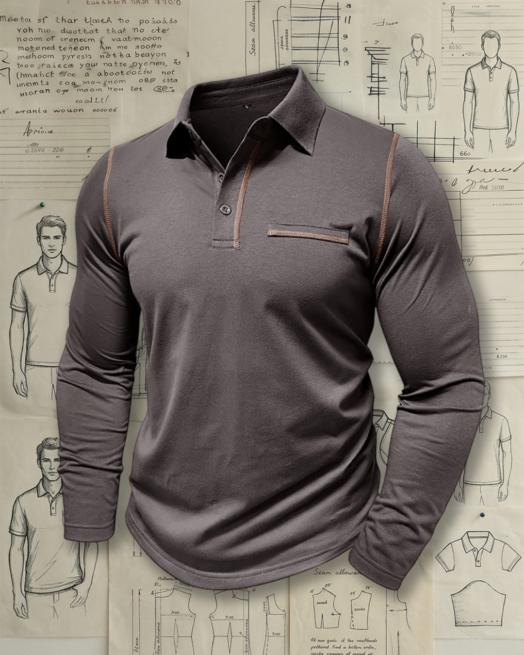 Men's Dark Brown Contrast Stitch Slim Fit Business Casual Long Sleeve Polo Shirt