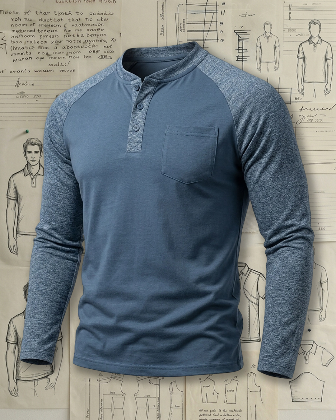 Men's Slate Blue and Heather Grey Raglan Slim Fit Casual No-Print Henley Long Sleeve T-Shirt
