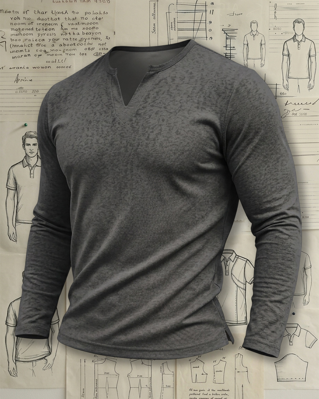 Men's Heather Grey Washed Textured Slim Fit Retro Casual No-Print Henley Long Sleeve T-Shirt