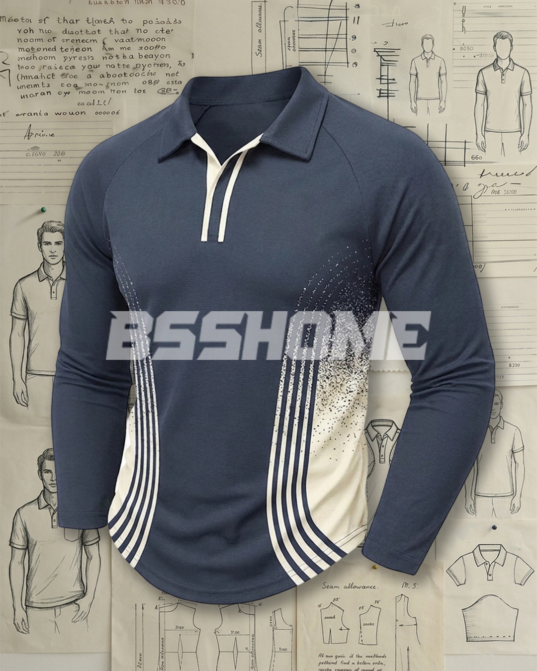 Men's Navy and Cream Gradient Stripe Slim Fit Smart Casual Printed Long Sleeve Polo Shirt