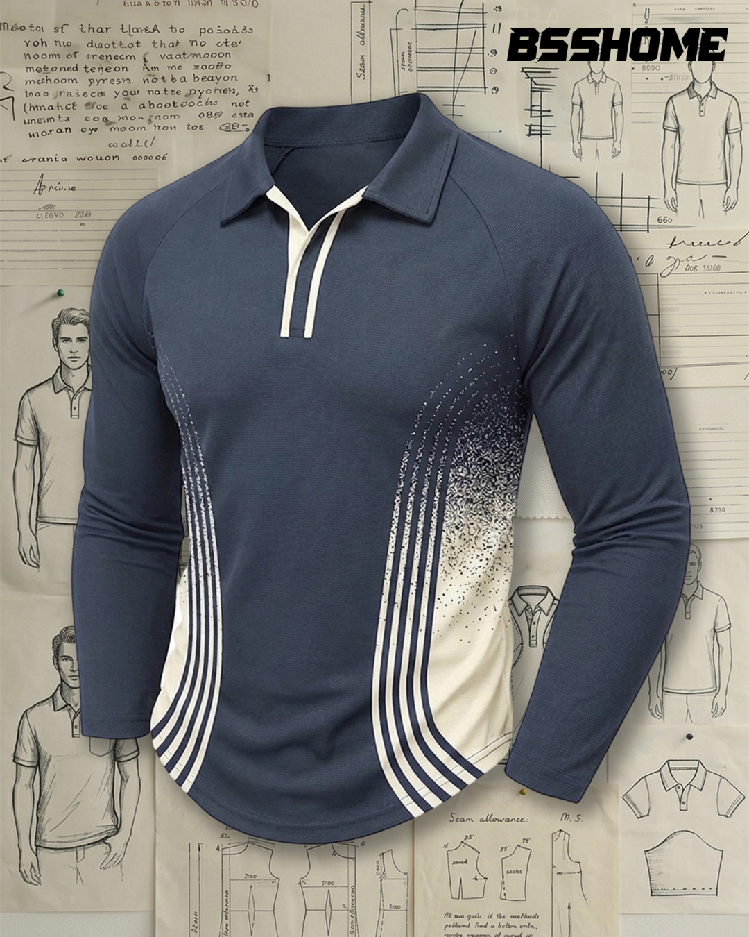 Men's Navy and Cream Gradient Stripe Slim Fit Smart Casual Printed Long Sleeve Polo Shirt