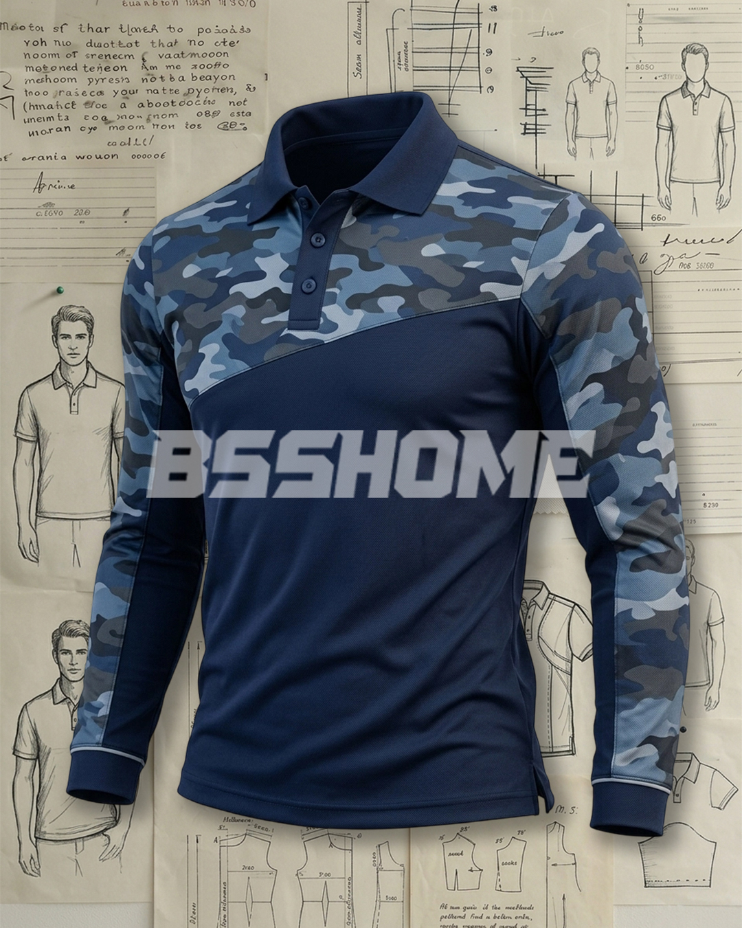 Men's Navy and Light Blue Camo Patchwork Slim Fit Tactical Casual Printed Long Sleeve Polo Shirt