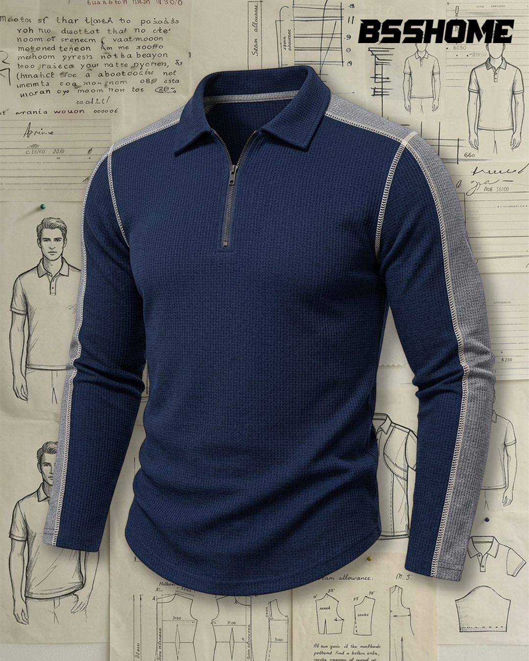 Men's Navy and Heather Grey Waffle Knit Slim Fit Smart Casual No-Print Half-Zip Long Sleeve Polo Shirt