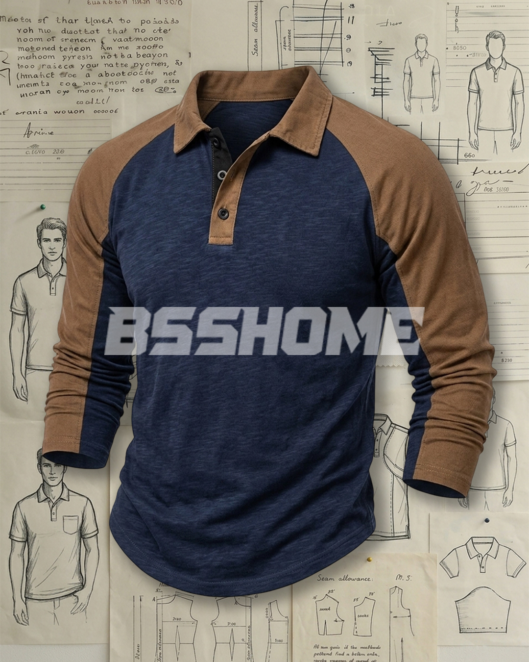Men's Navy and Brown Slub Cotton Slim Fit Vintage Casual No-Print Raglan Long Sleeve Polo Shirt