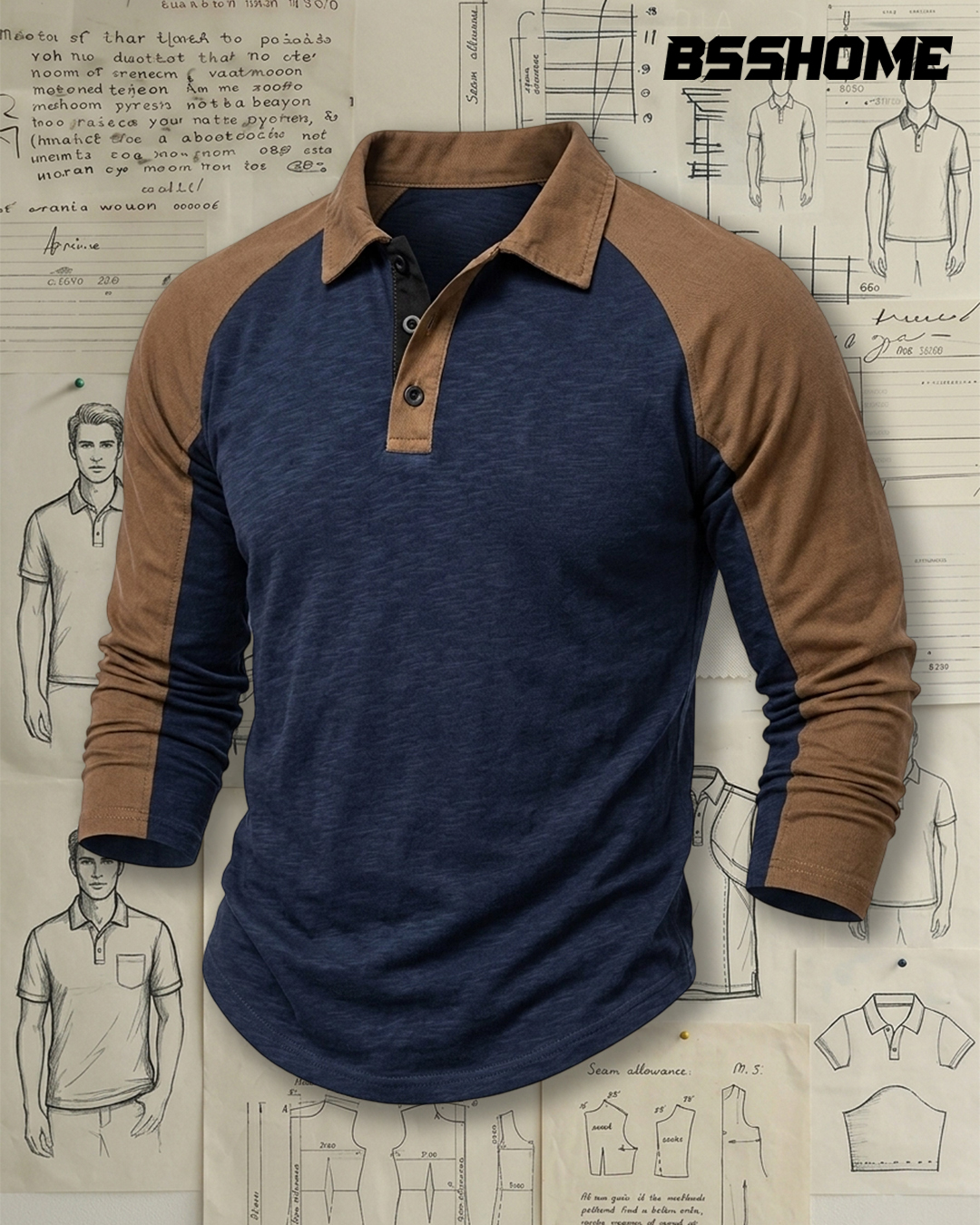 Men's Navy and Brown Slub Cotton Slim Fit Vintage Casual No-Print Raglan Long Sleeve Polo Shirt