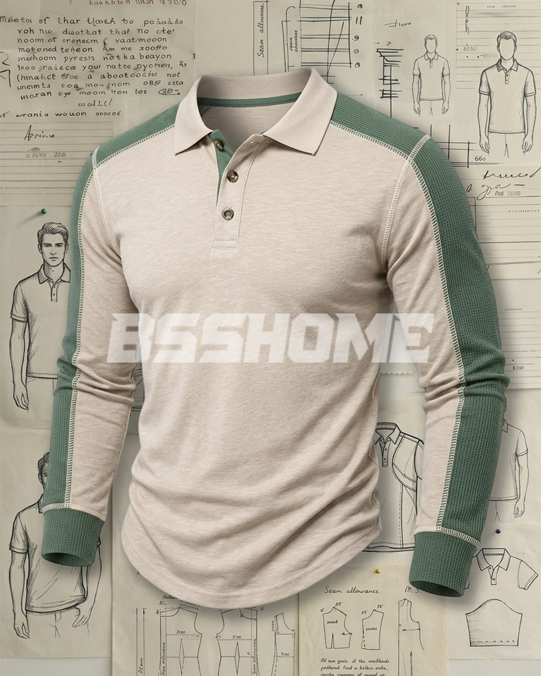 Men's Oatmeal and Sage Green Waffle Knit Slim Fit Smart Casual No-Print Color Block Long Sleeve Polo Shirt