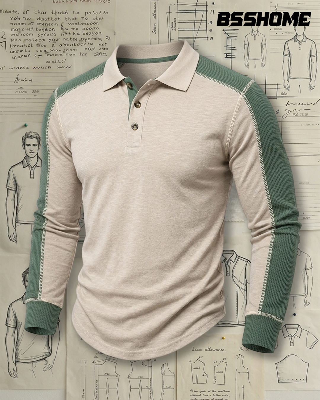 Men's Oatmeal and Sage Green Waffle Knit Slim Fit Smart Casual No-Print Color Block Long Sleeve Polo Shirt