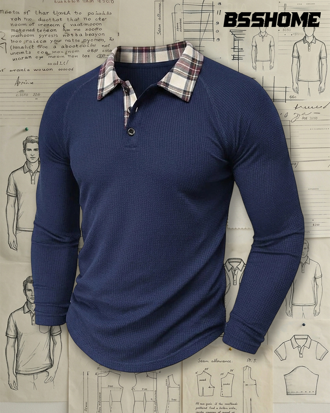 Men's Navy Waffle Knit Plaid Collar Slim Fit Retro Casual No-Print Long Sleeve Polo Shirt