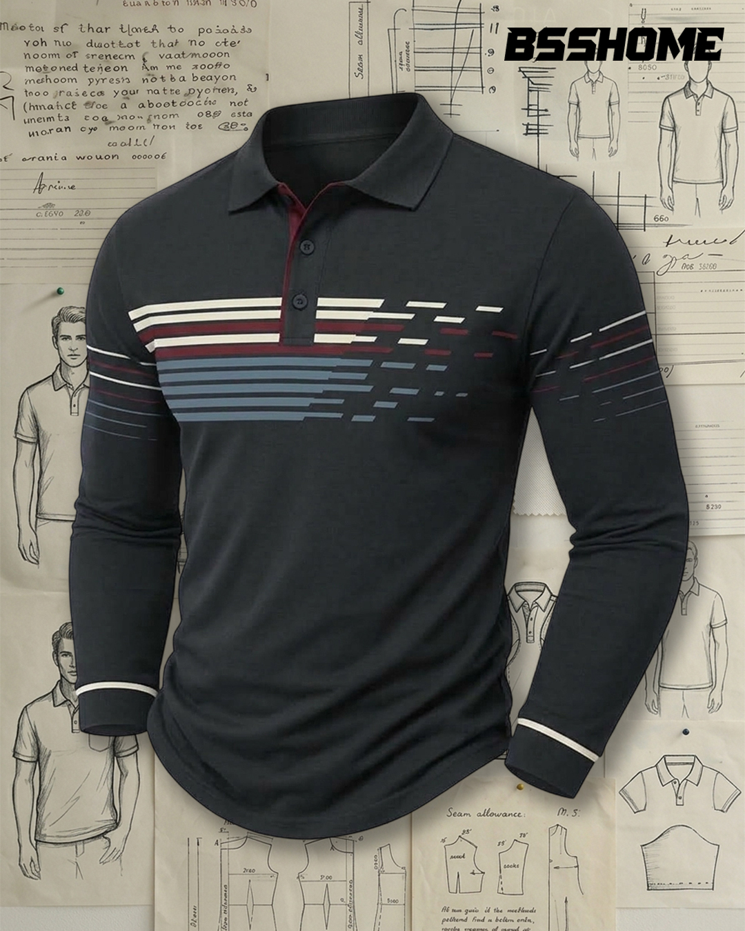 Men's Dark Grey and Multicolor Gradient Stripe Slim Fit Sporty Casual Printed Long Sleeve Polo Shirt