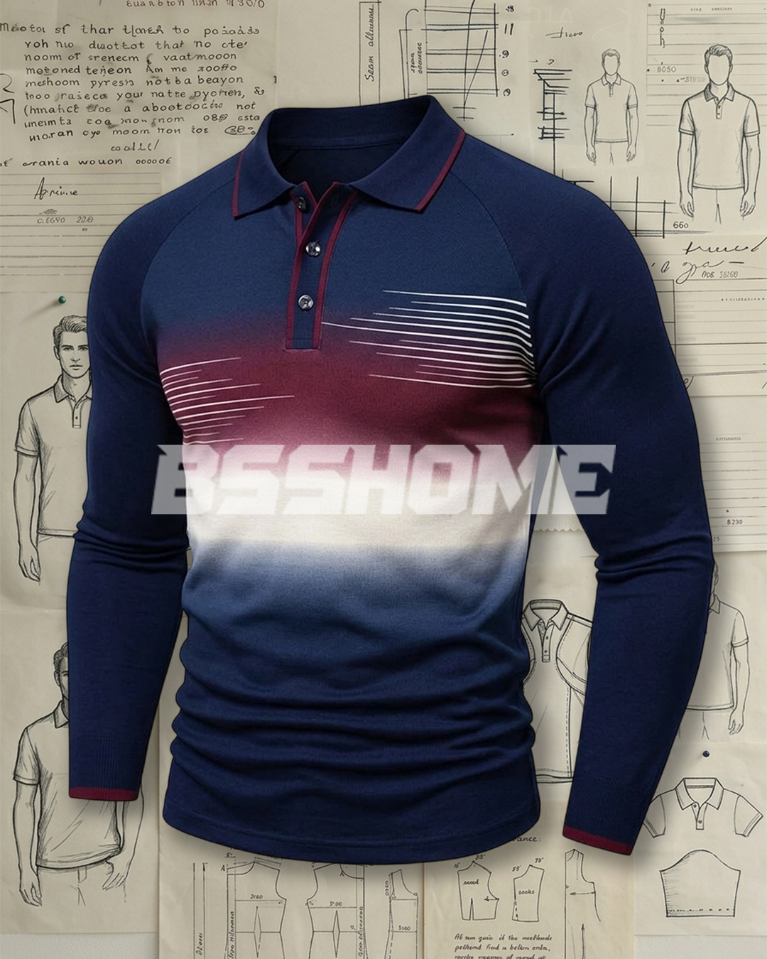 Men's Navy and Burgundy Gradient Stripe Slim Fit Smart Casual Printed Long Sleeve Polo Shirt