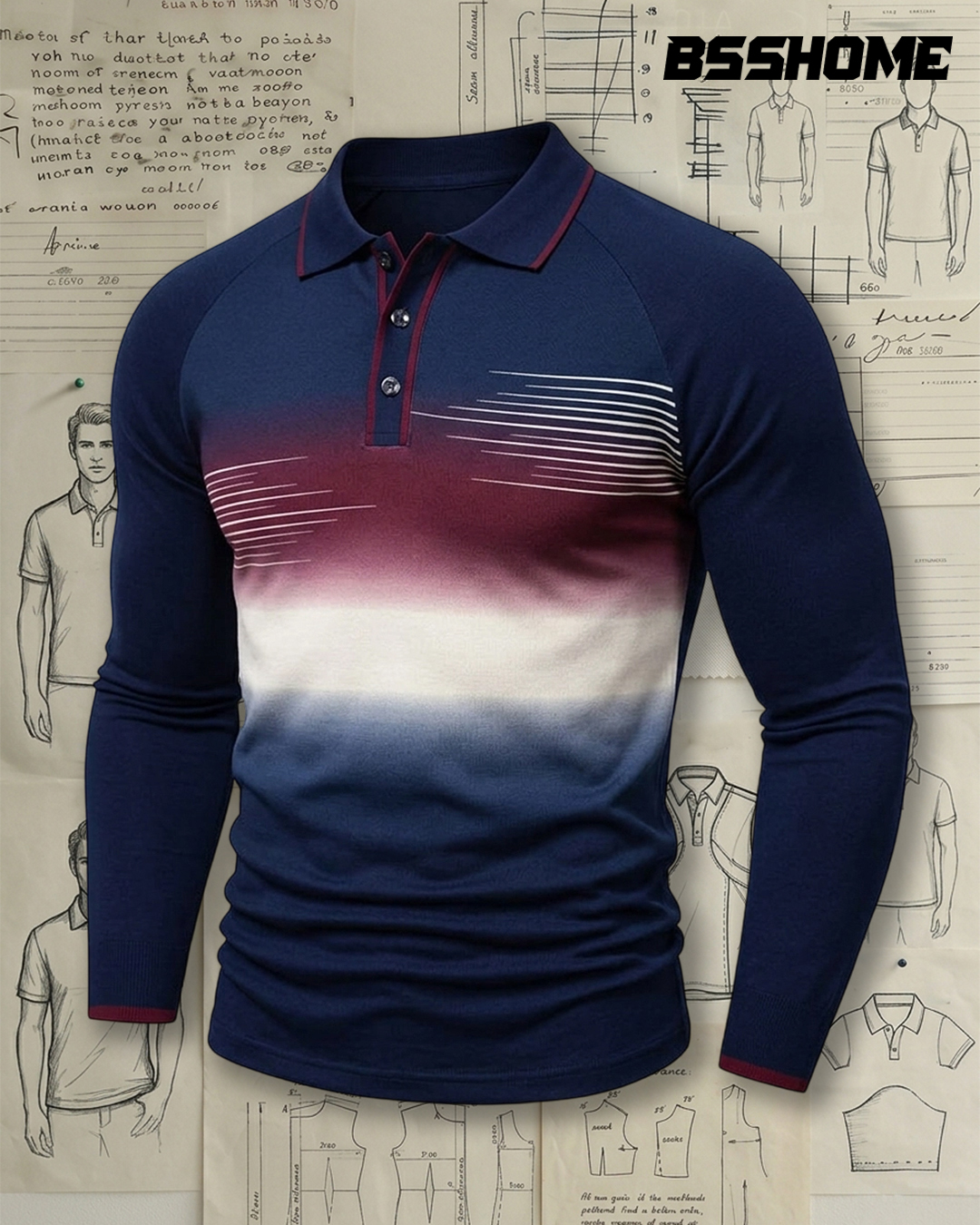 Men's Navy and Burgundy Gradient Stripe Slim Fit Smart Casual Printed Long Sleeve Polo Shirt