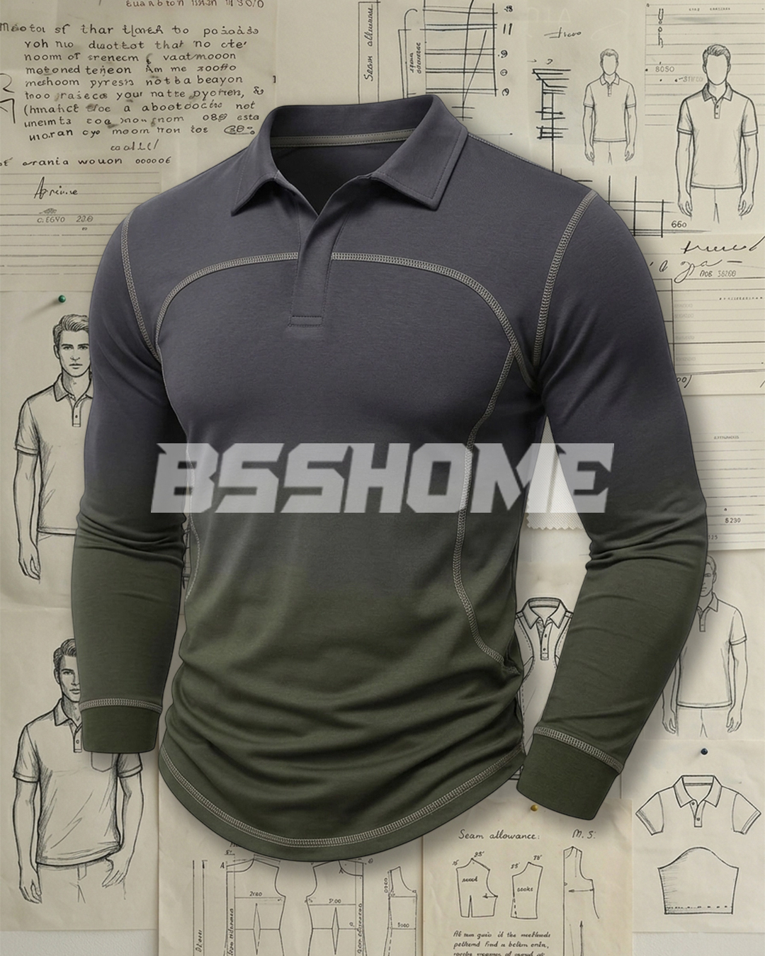 Men's Charcoal and Olive Green Gradient Stitch Slim Fit Tech Casual No-Print Long Sleeve Polo Shirt