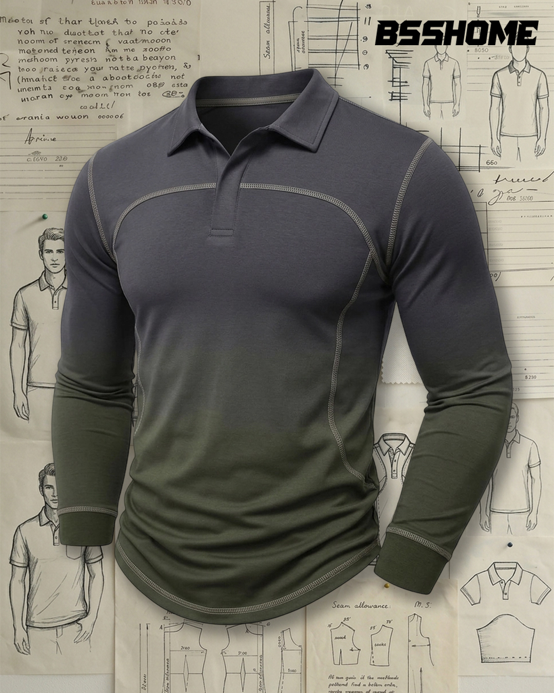 Men's Charcoal and Olive Green Gradient Stitch Slim Fit Tech Casual No-Print Long Sleeve Polo Shirt