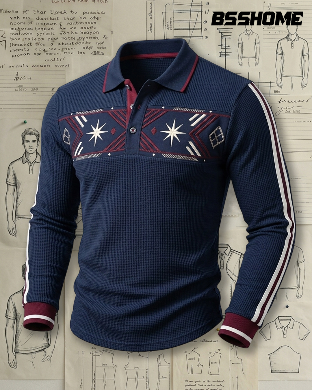 Men's Navy Waffle Knit Ethnic Geometric Embroidered Slim Fit Retro Casual Long Sleeve Polo Shirt