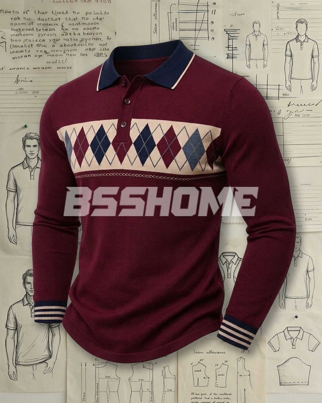 Men's Burgundy and Navy Argyle Knit Slim Fit Preppy Casual Printed Long Sleeve Polo Shirt
