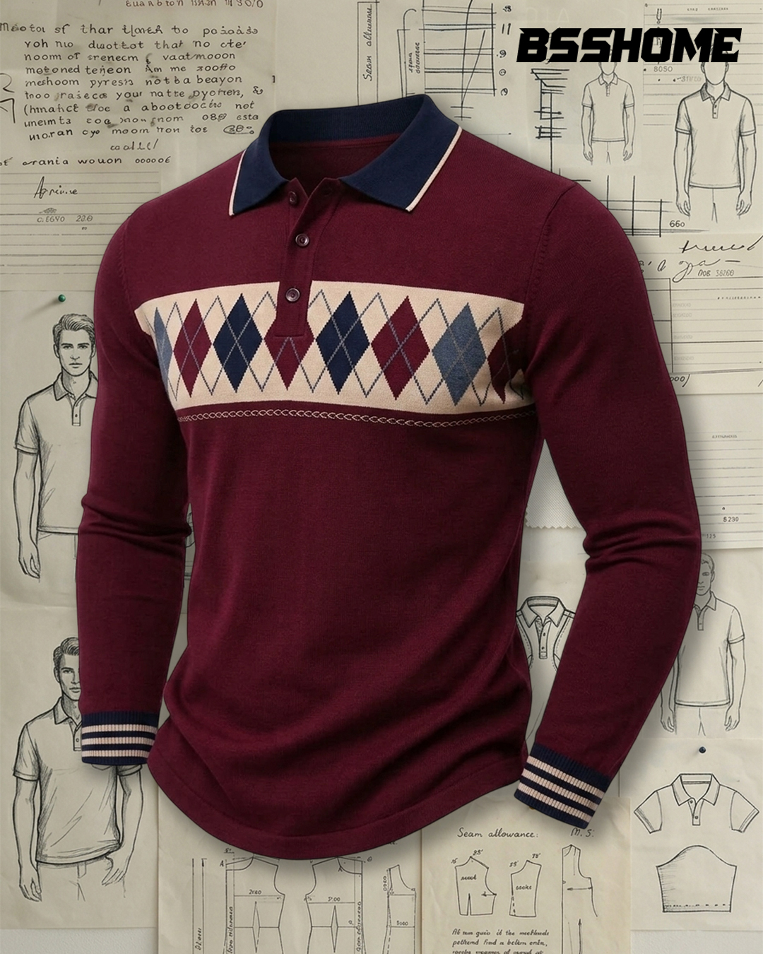Men's Burgundy and Navy Argyle Knit Slim Fit Preppy Casual Printed Long Sleeve Polo Shirt