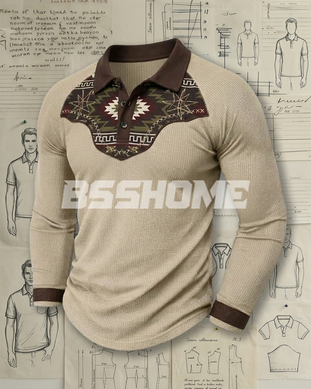Men's Khaki and Brown Western Ethnic Print Slim Fit Vintage Casual Waffle Knit Long Sleeve Polo Shirt