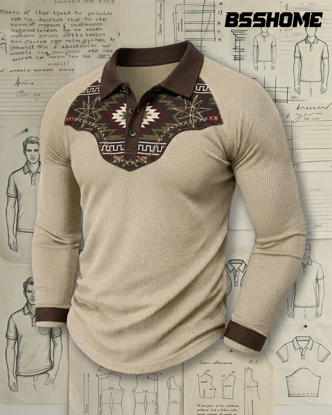 Men's Khaki and Brown Western Ethnic Print Slim Fit Vintage Casual Waffle Knit Long Sleeve Polo Shirt