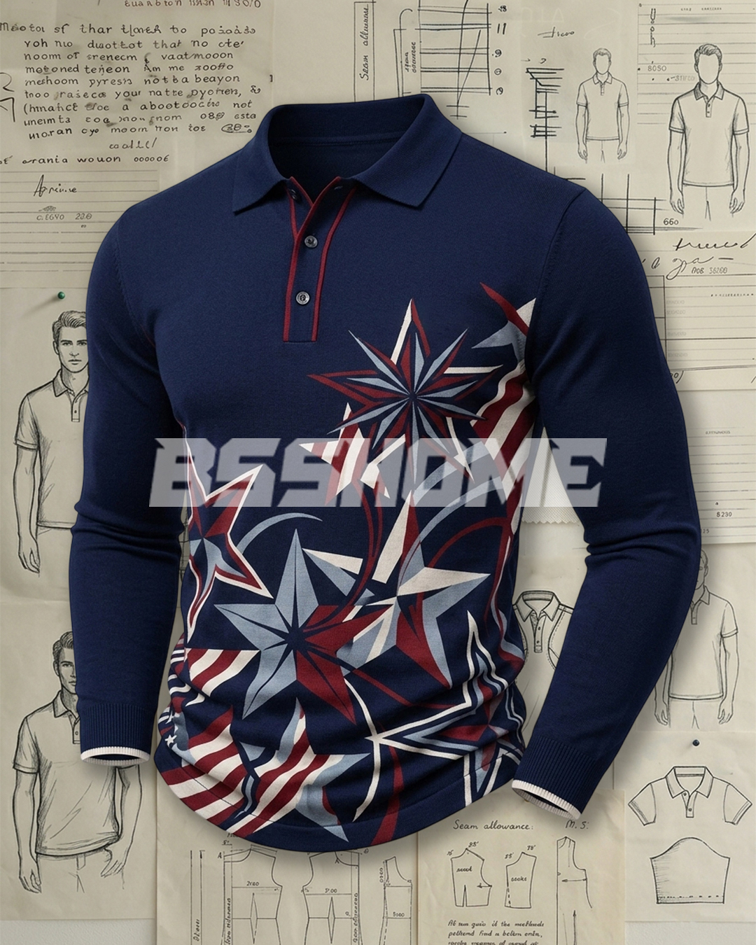 Men's Navy Red White Blue Star Geometric Slim Fit American Casual Printed Knit Long Sleeve Polo Shirt