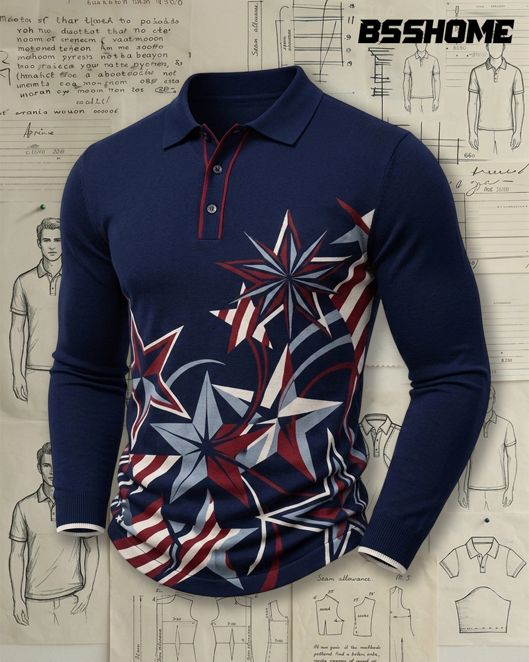 Men's Navy Red White Blue Star Geometric Slim Fit American Casual Printed Knit Long Sleeve Polo Shirt